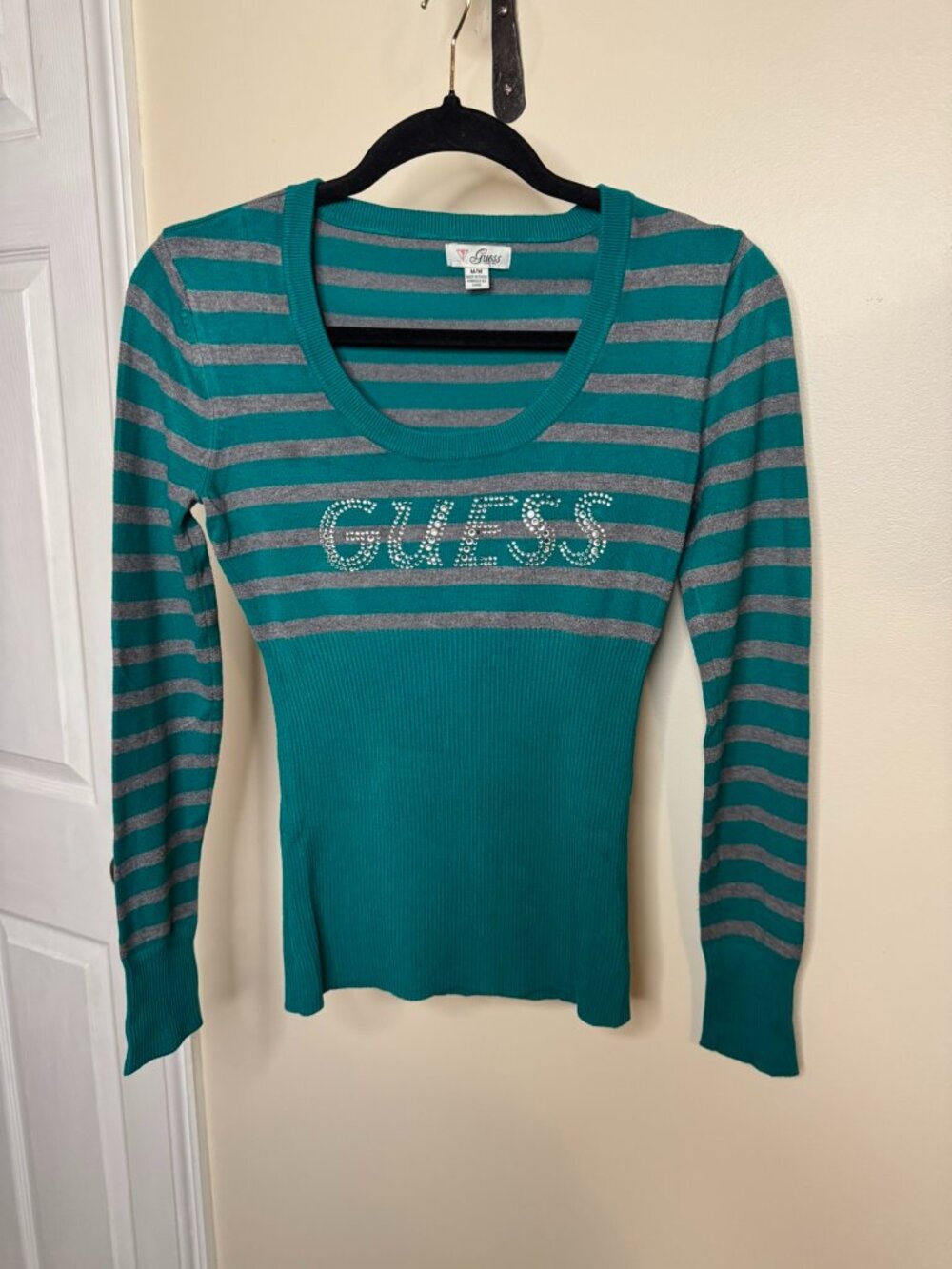 Guess Turquoise & Grey Rhinestone Deep Crewneck Sweater M